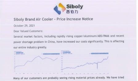 Refrigerador de ar da marca Siboly - Aviso de aumento de preço